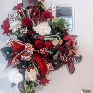 Elegant Red and White Holiday Wreath with Cardinal Accent